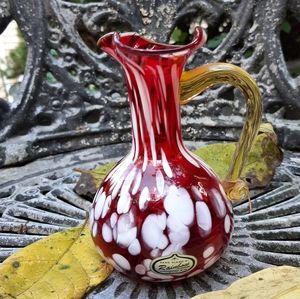 Rainbow Studio Vintage Hand Blown Red White Yellow 5" Art Glass Splatter Pitcher